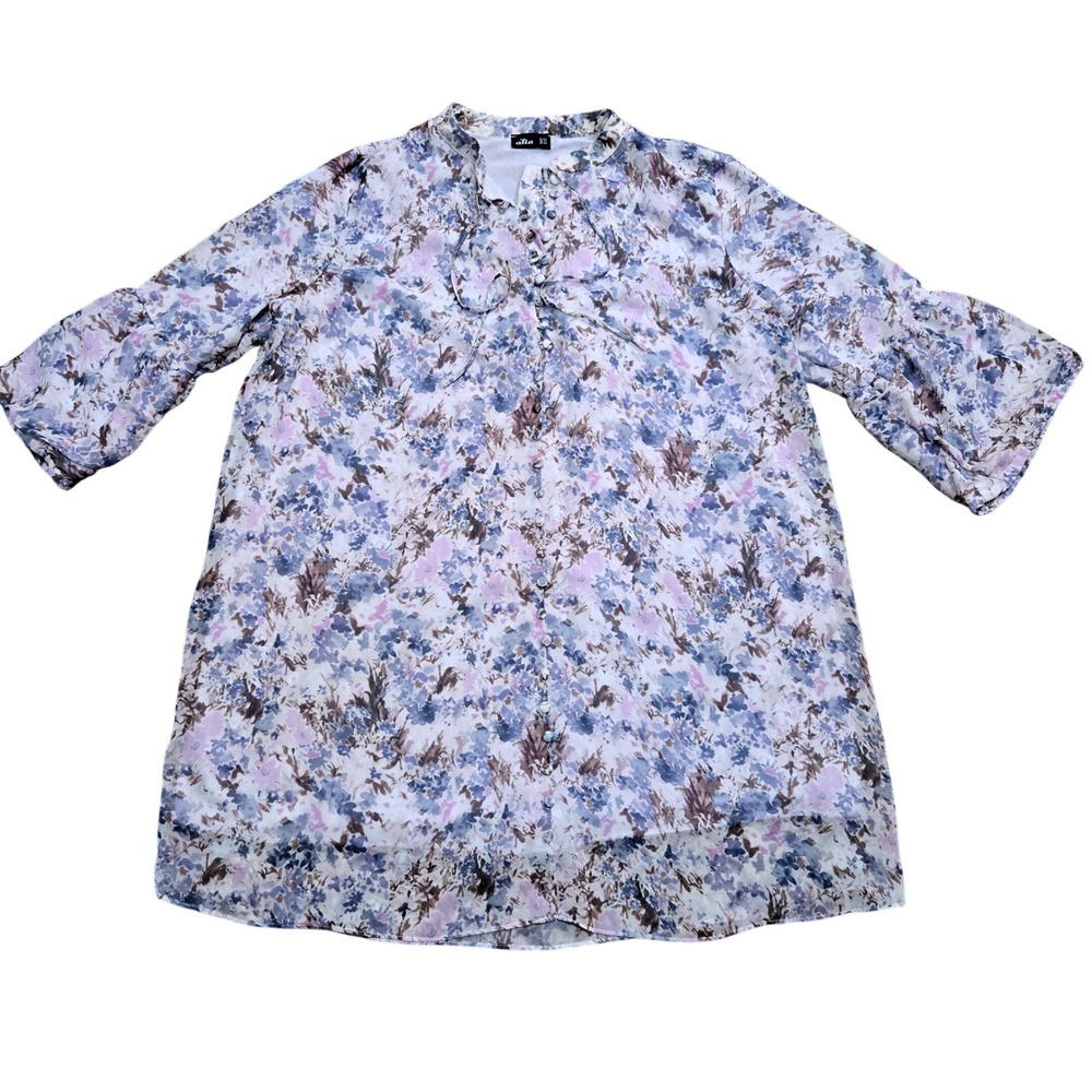 Alia Floral Watercolor Dress Blue Lavender Bell Sleeve Button Up Size 10